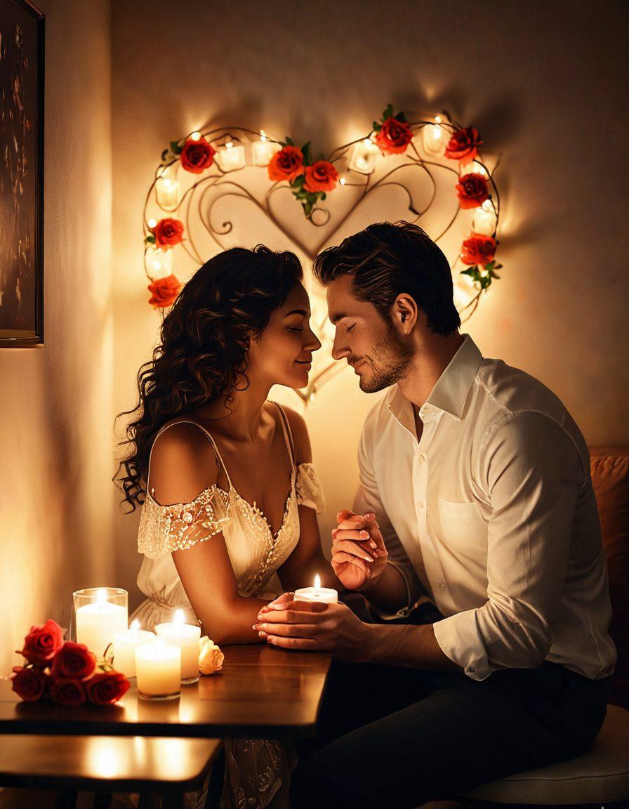 A couple sharing an intimate moment in a cozy, candle-lit setting, showcasing their connection and affection through soft touches and gentle gazes. Surround them with elements that symbolize love, such as heart-shaped decorations, roses, and a bottle of wine. The atmosphere should exude warmth and intimacy, inviting the viewer to explore the theme of sensuality. soft focus. romantic lighting. super-realistic. warm tones.