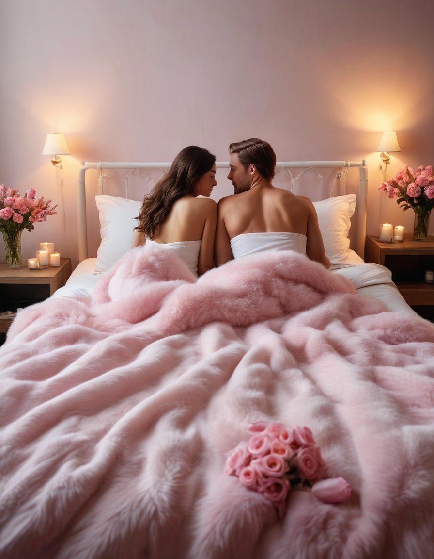A cozy, softly-lit bedroom scene featuring a couple sitting together on a plush bed, surrounded by aromatic candles and a lush bouquet of flowers. The atmosphere exudes warmth and intimacy, with subtle touches like intertwined hands and soft fabrics. Include gentle hues of pink and lavender to evoke a sense of romance and wellness. super-realistic. warm tones. soft focus.